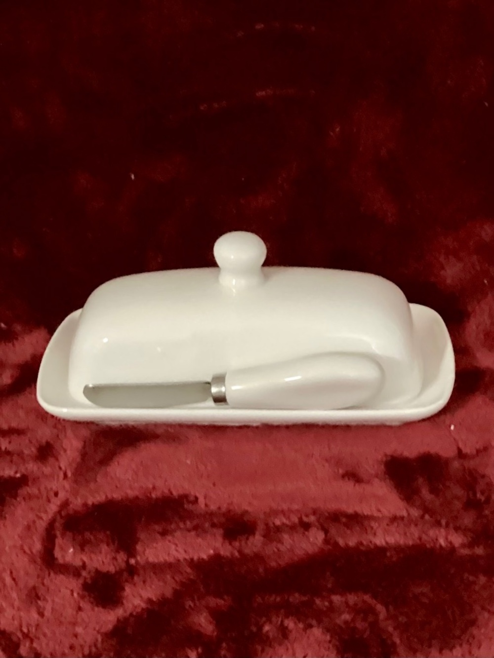 White Butter Dish with Knife